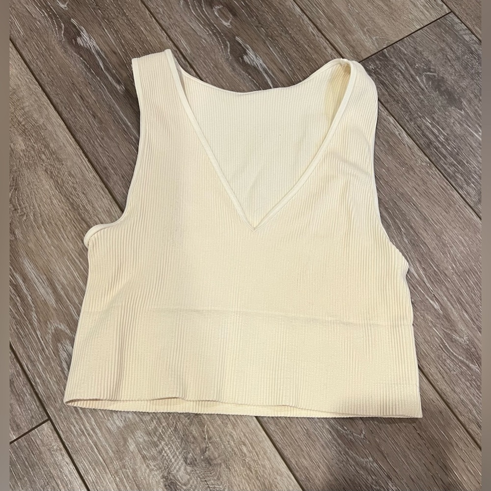 Cream Ribbed Plunge Cropped Tank Top
